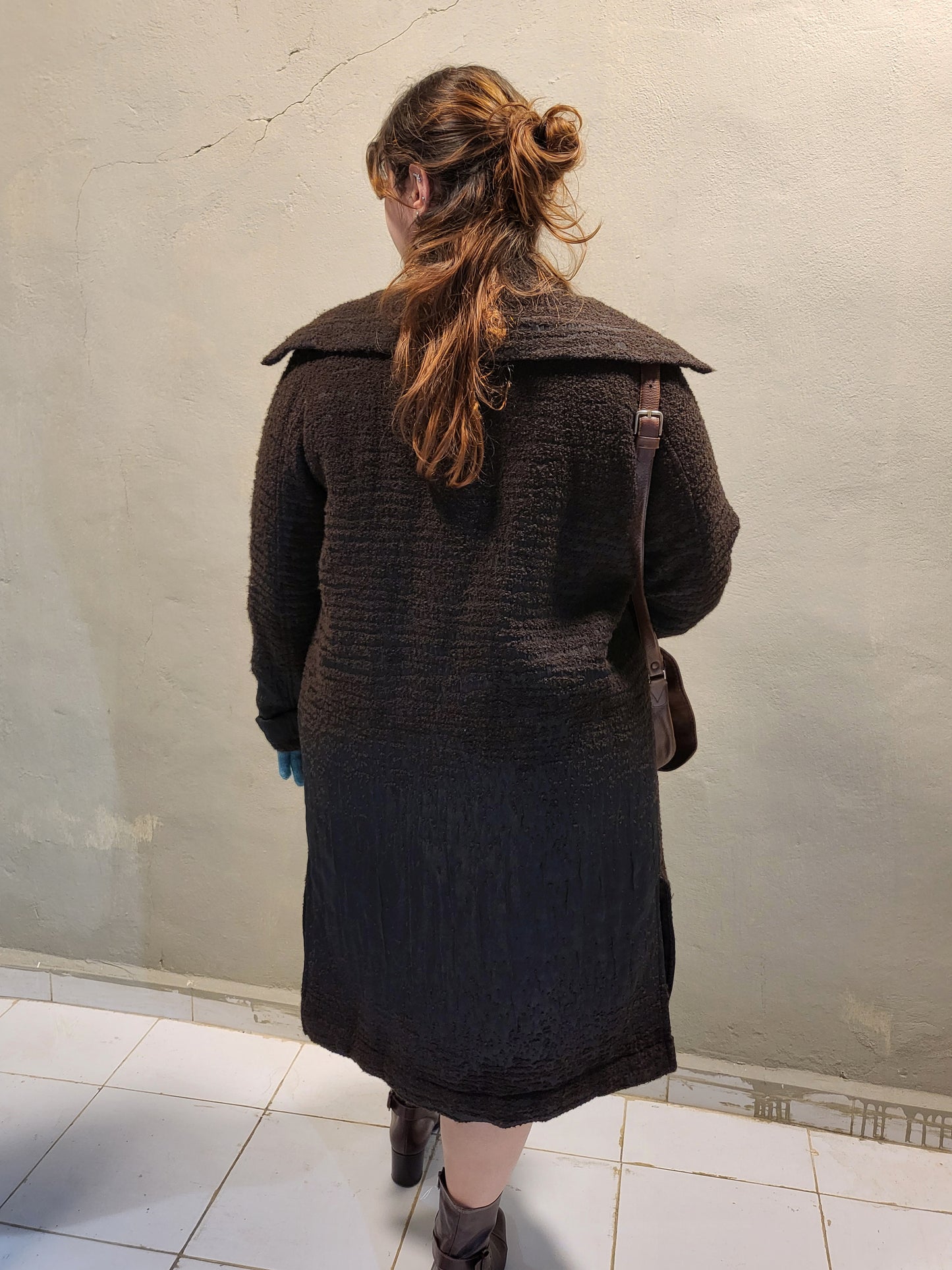 Textured Wool-Blend Brown Coat