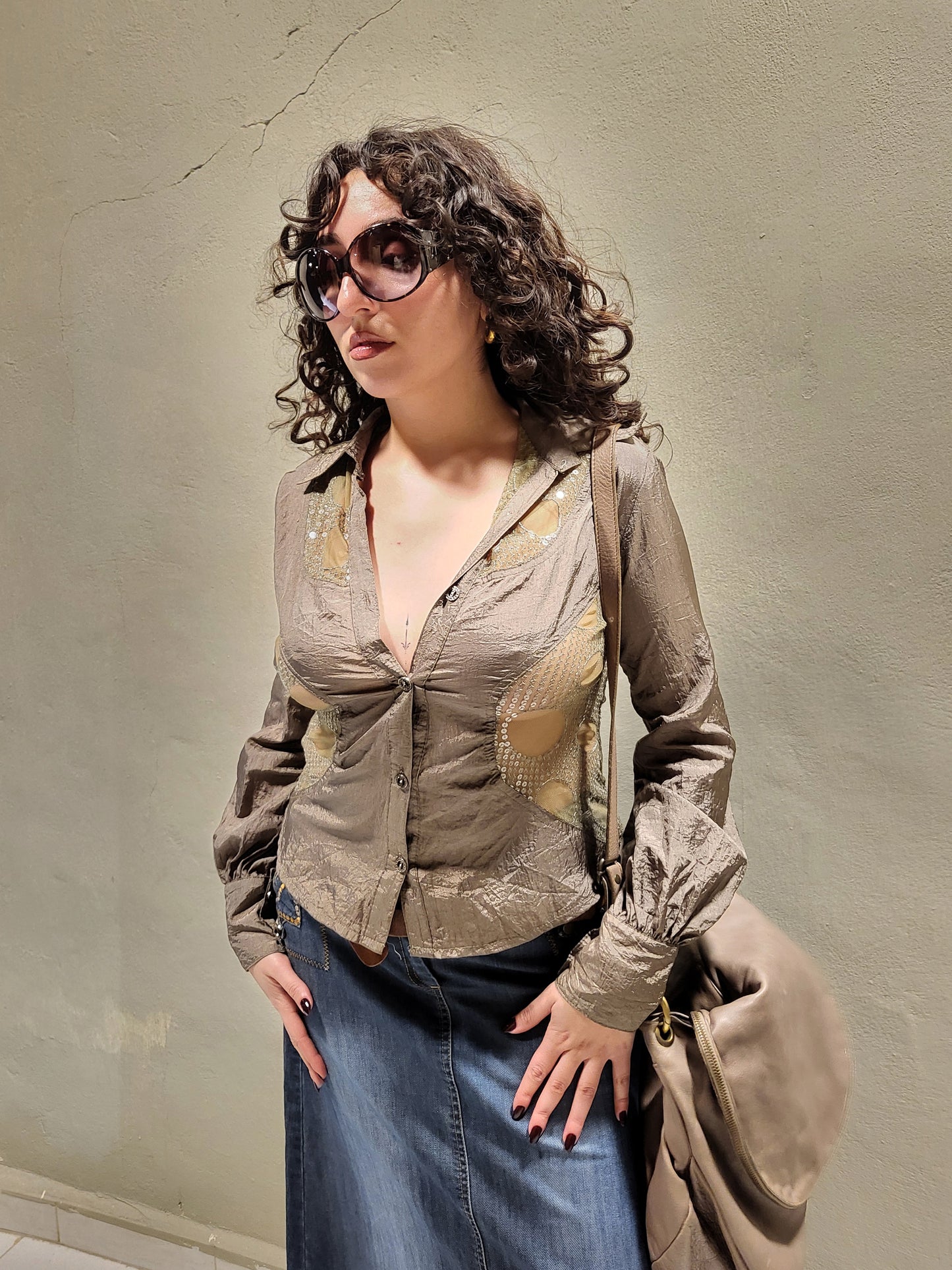 Sheer Sequin-Panel Button-Up Top