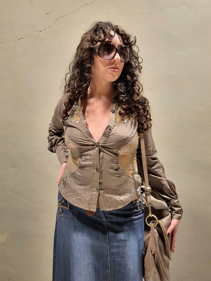 Sheer Sequin-Panel Button-Up Top