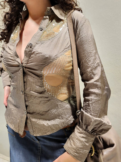 Sheer Sequin-Panel Button-Up Top