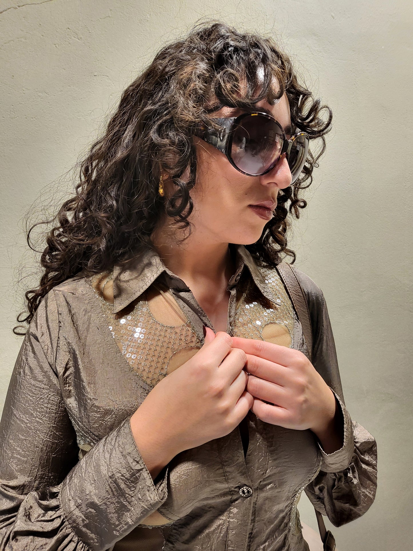 Sheer Sequin-Panel Button-Up Top