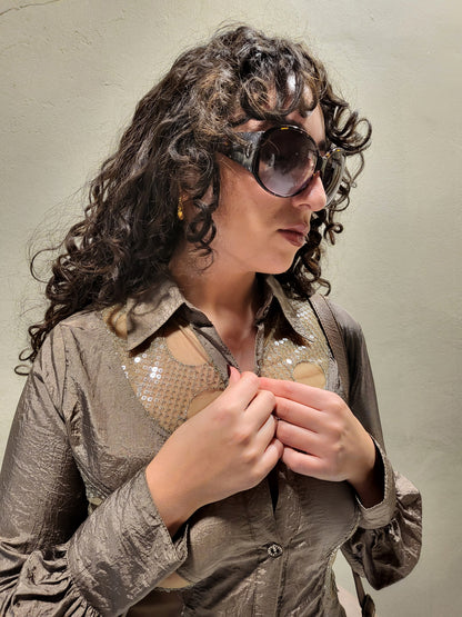 Sheer Sequin-Panel Button-Up Top