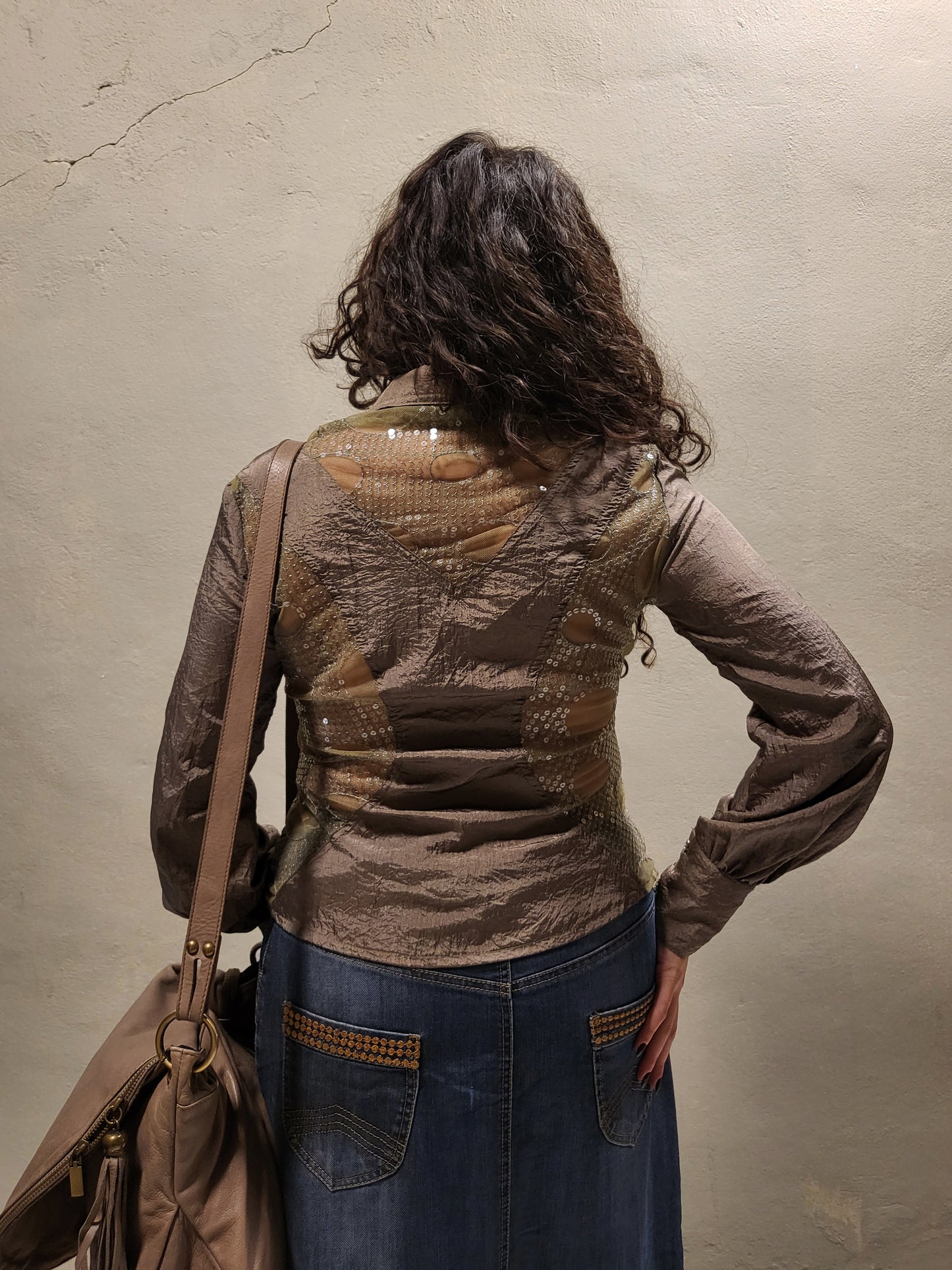 Sheer Sequin-Panel Button-Up Top