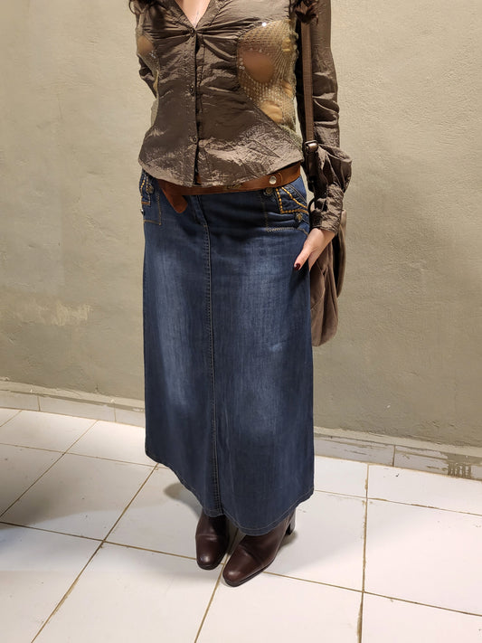 Stud-Detail Denim Maxi Skirt