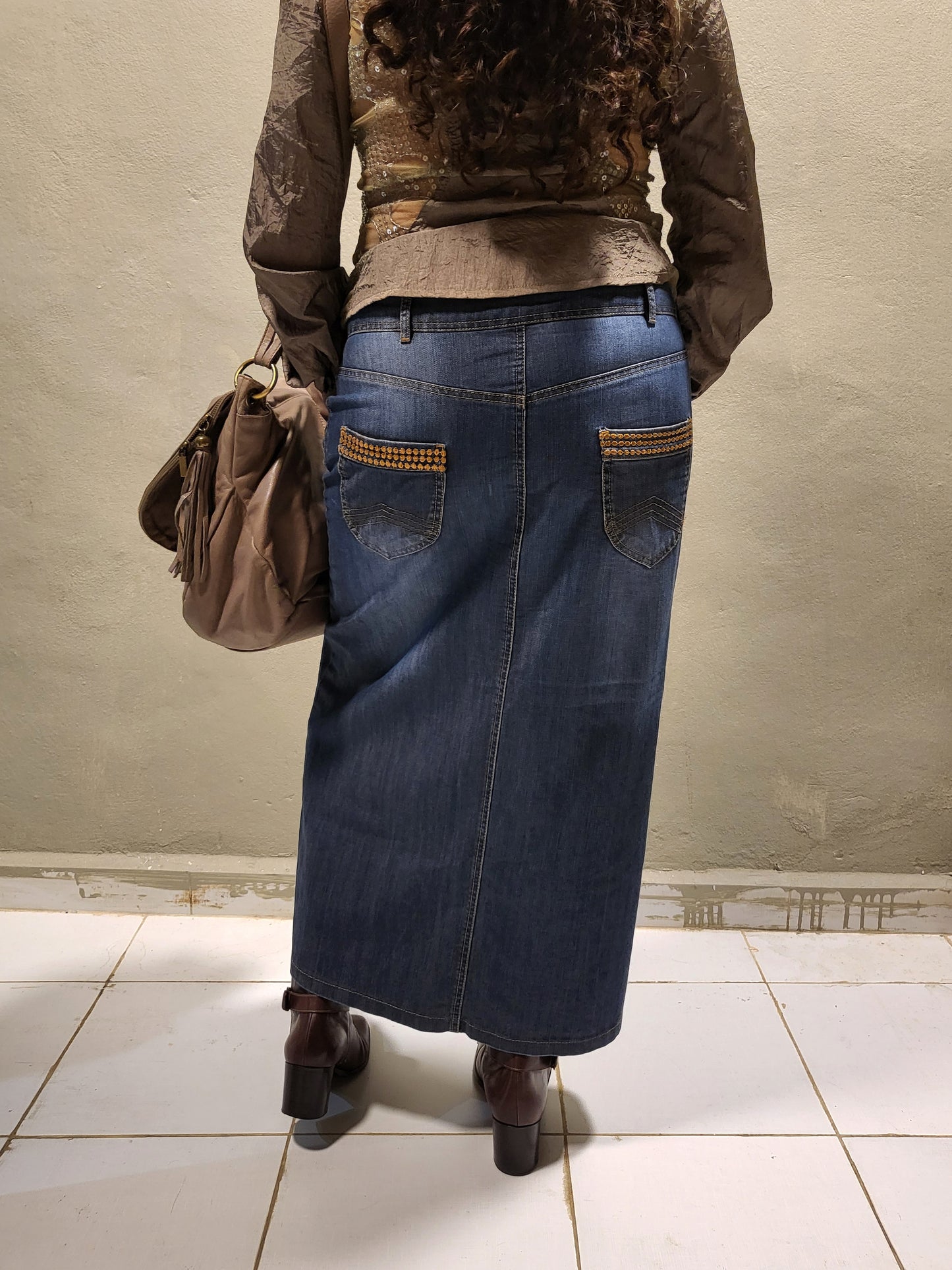 Stud-Detail Denim Maxi Skirt