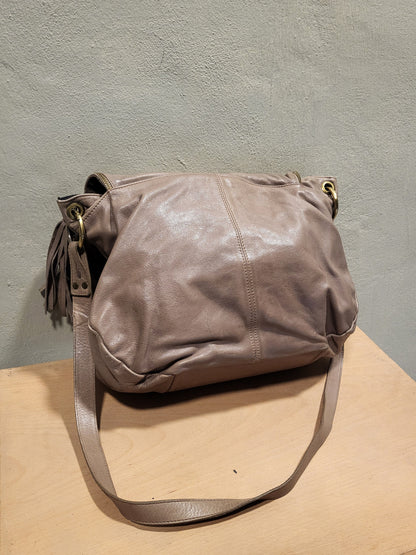Taupe Soft Leather Tassel Shoulder Bag