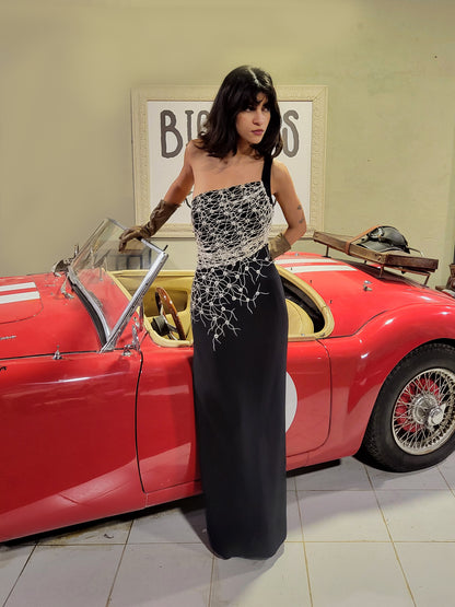 Black One-Shoulder Embroidered Evening Gown