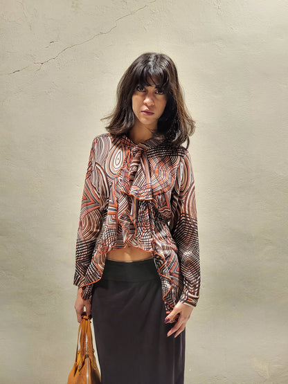 Psychedelic Print Tie-Neck Blouse