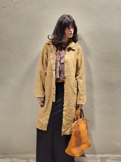 Beige Suede-Effect Faux Fur Lined Coat