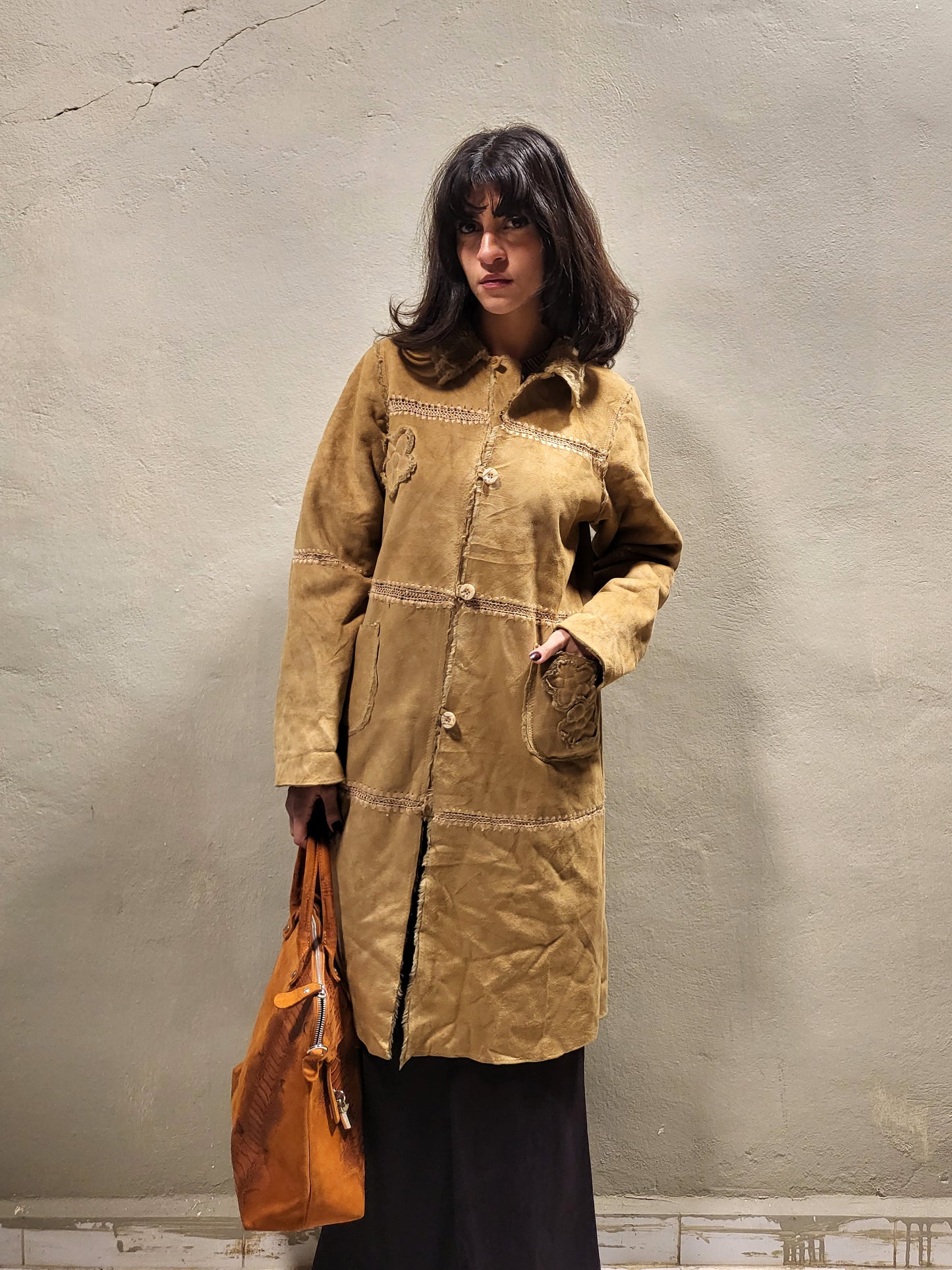 Beige Suede-Effect Faux Fur Lined Coat