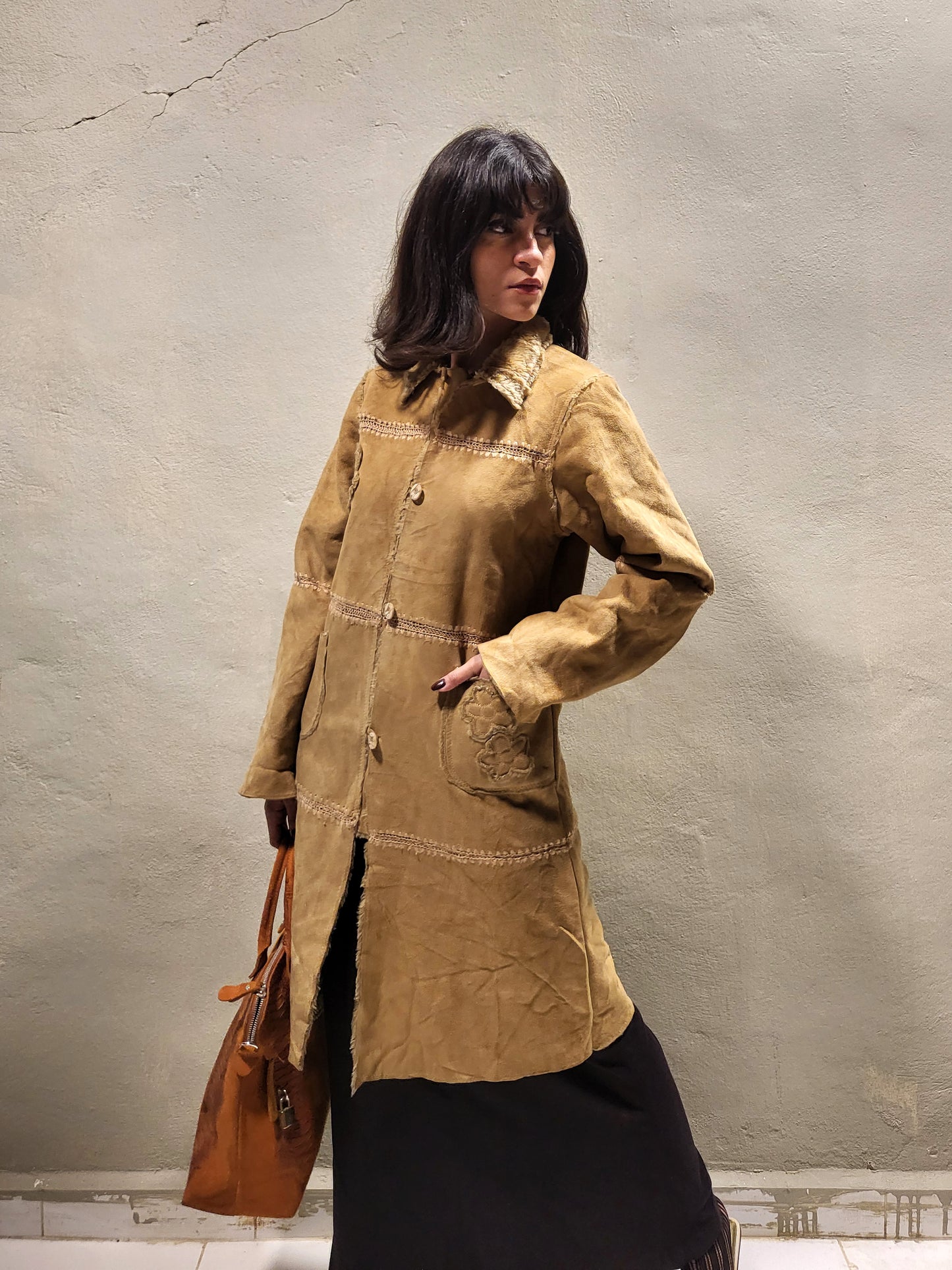 Beige Suede-Effect Faux Fur Lined Coat