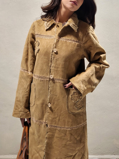 Beige Suede-Effect Faux Fur Lined Coat