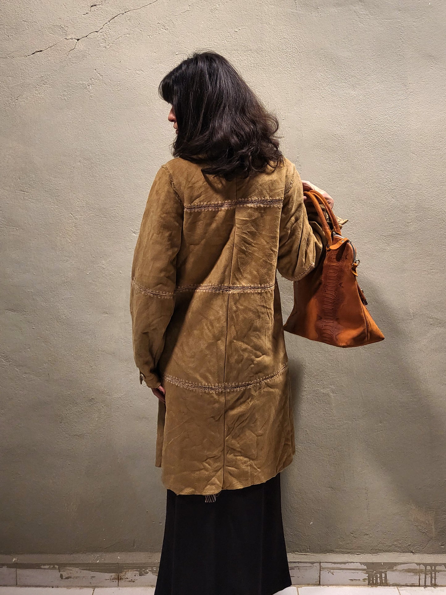 Beige Suede-Effect Faux Fur Lined Coat