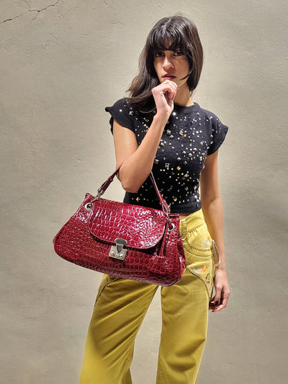 Cortefiel Croc-Embossed Patent Shoulder Bag