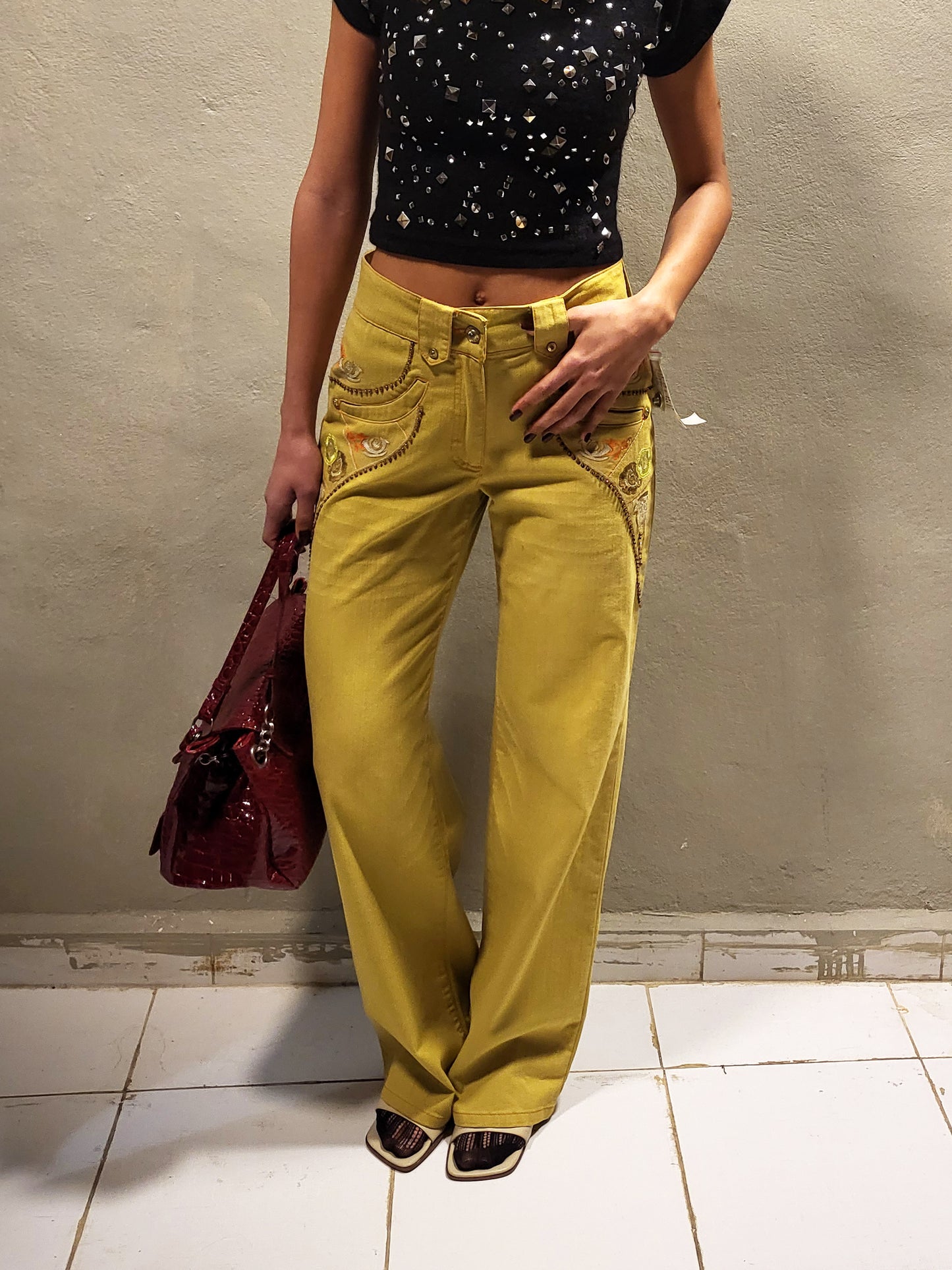 Embroidered Chartreuse Y2K Pants