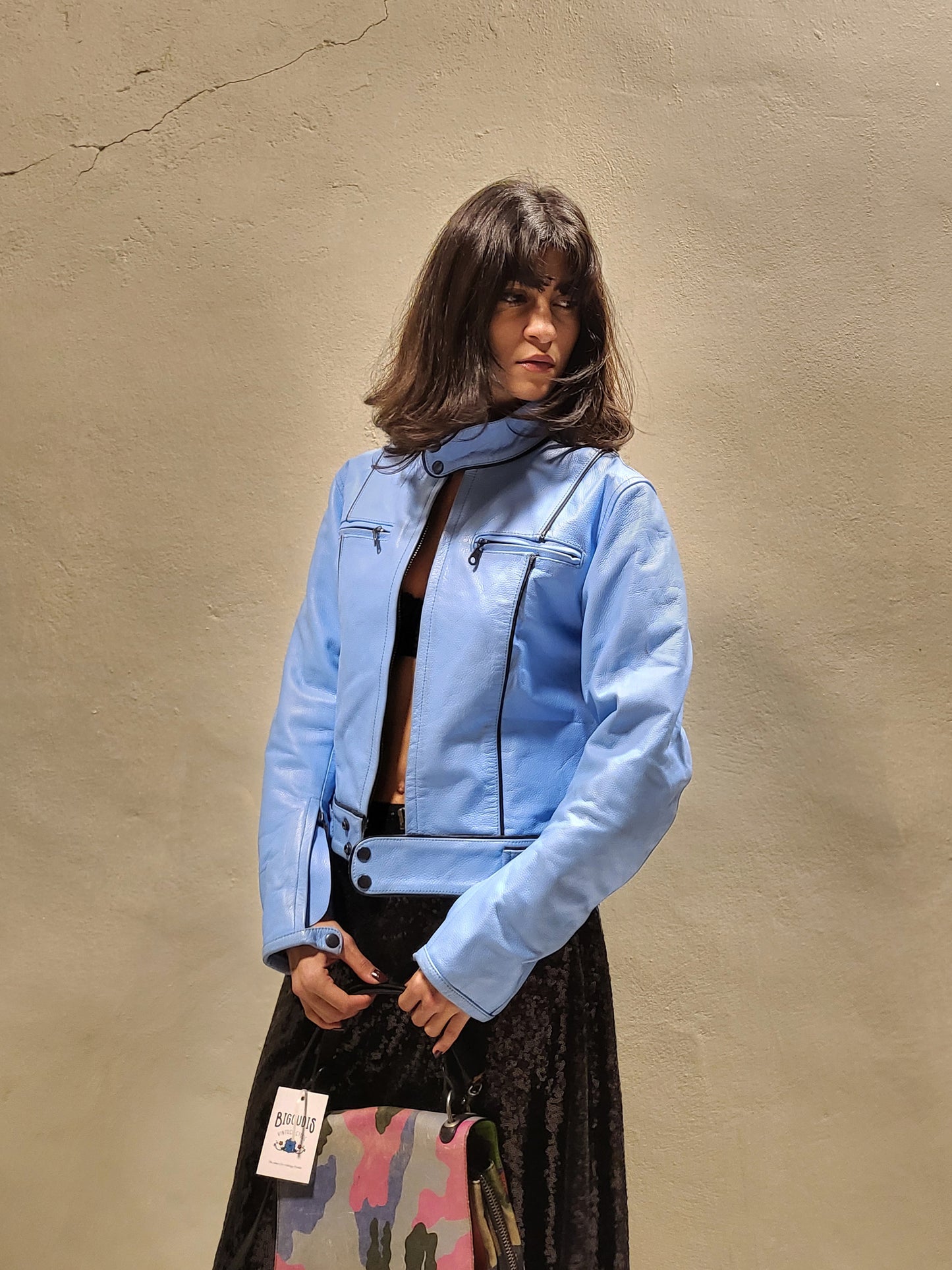 Baby Blue Padded Leather Biker Jacket