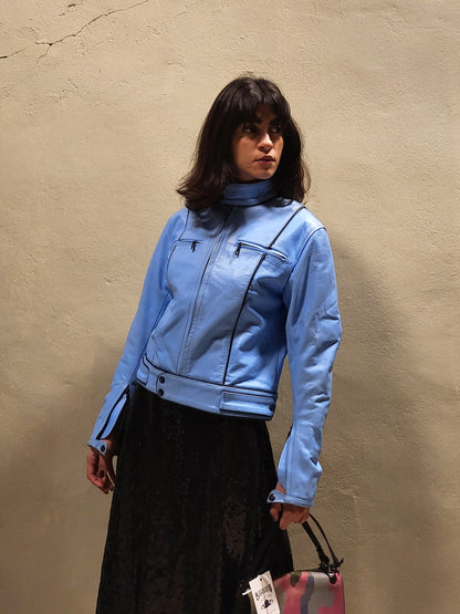 Baby Blue Padded Leather Biker Jacket