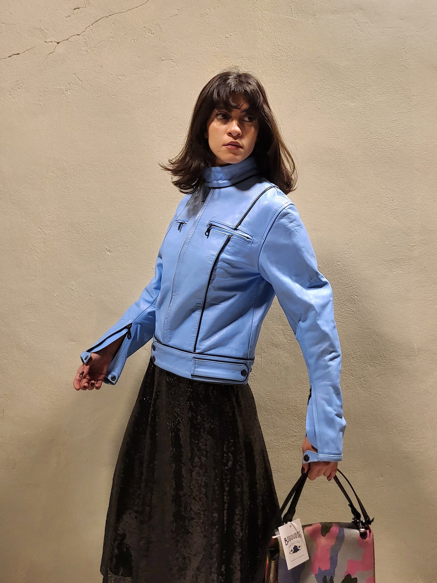 Baby Blue Padded Leather Biker Jacket