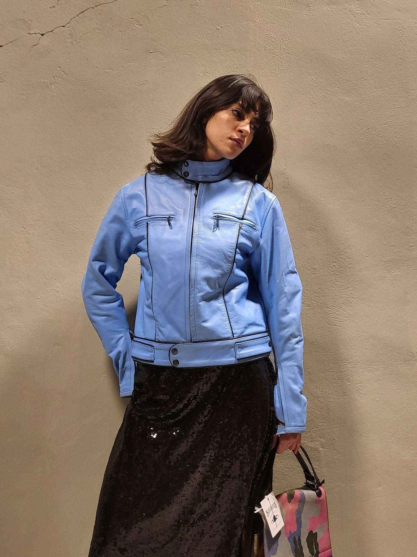 Baby Blue Padded Leather Biker Jacket