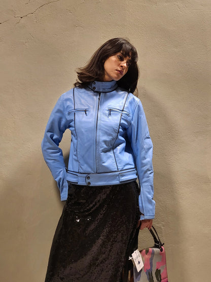 Baby Blue Padded Leather Biker Jacket