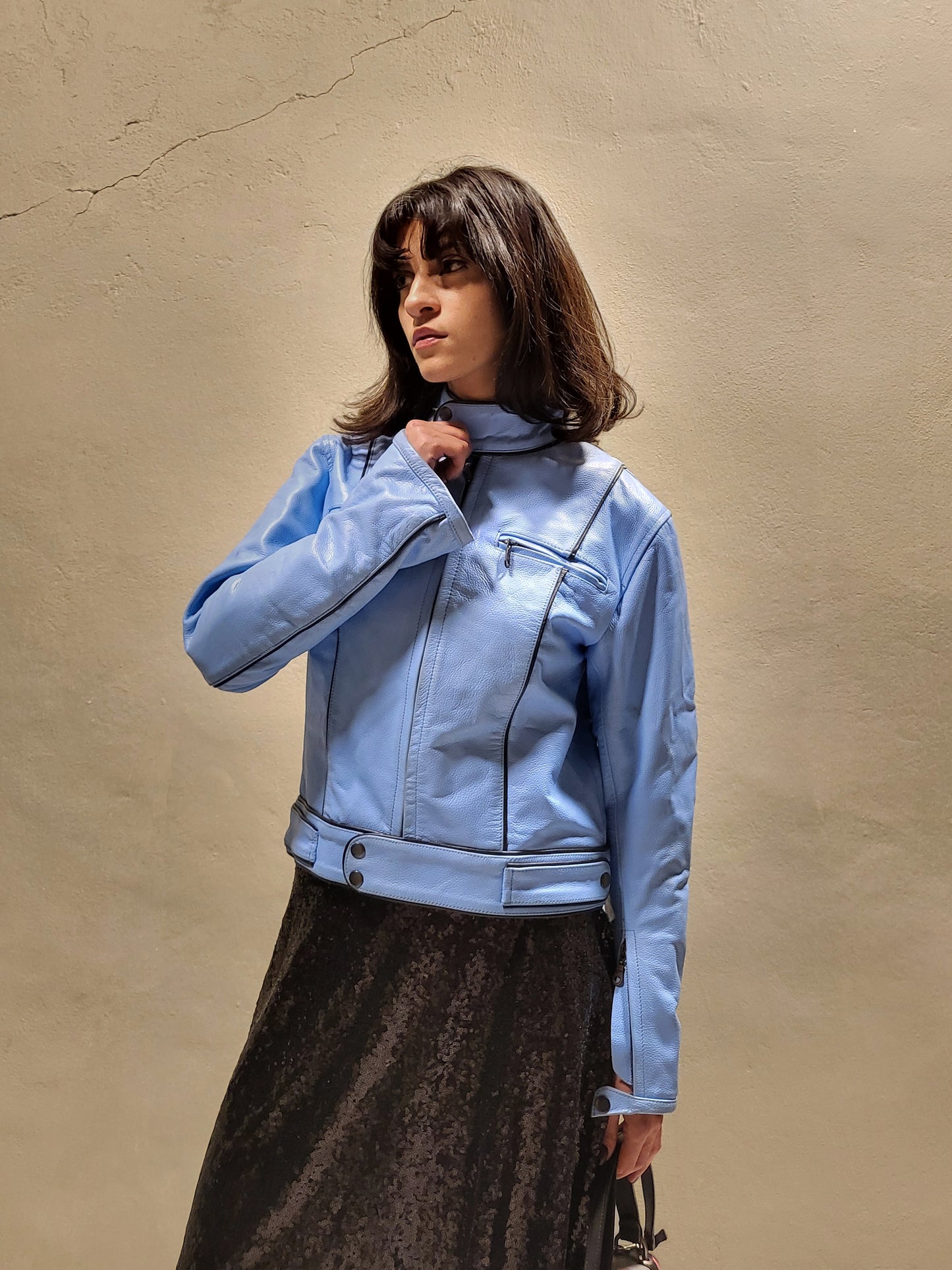 Baby Blue Padded Leather Biker Jacket