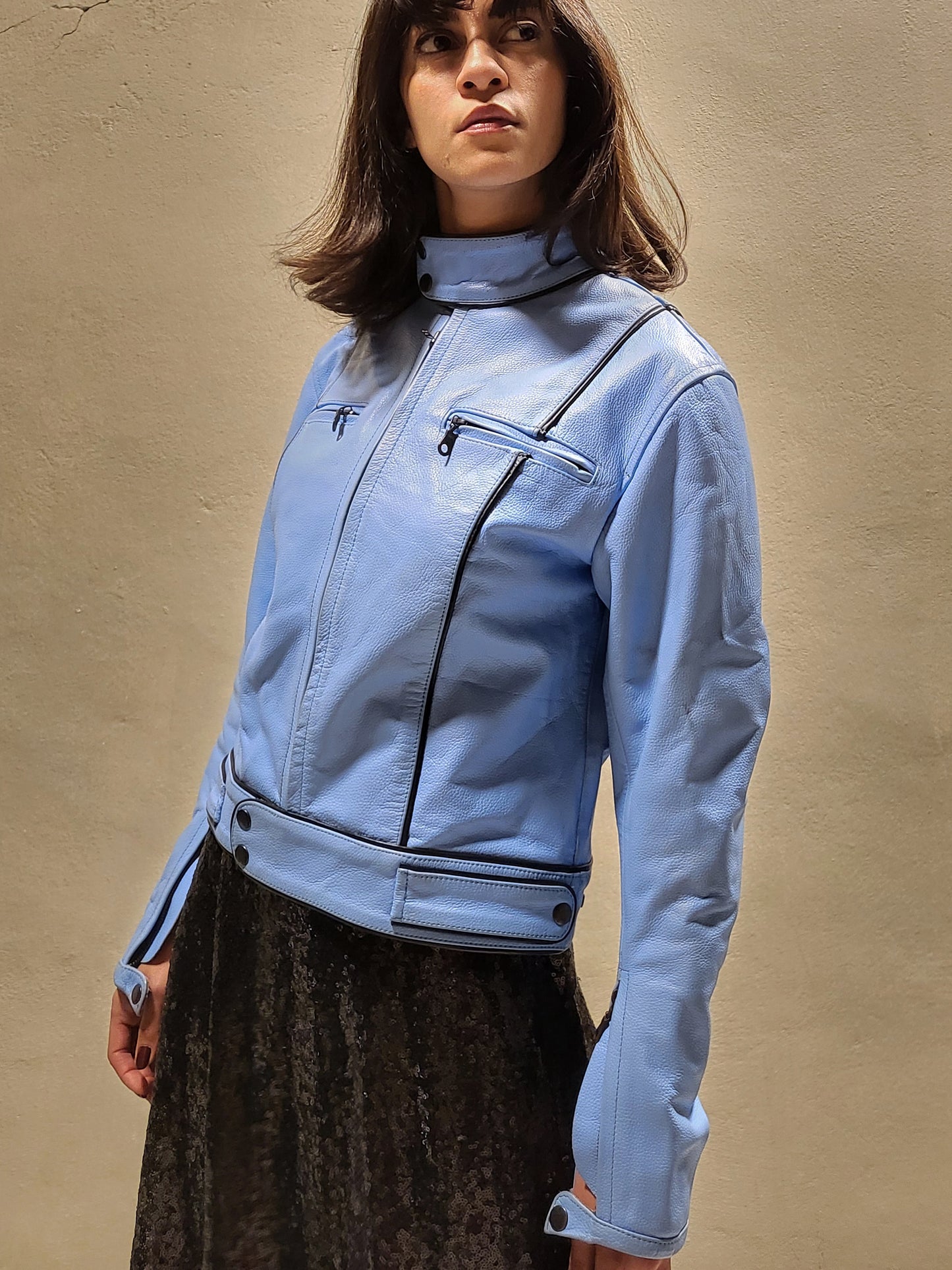 Baby Blue Padded Leather Biker Jacket