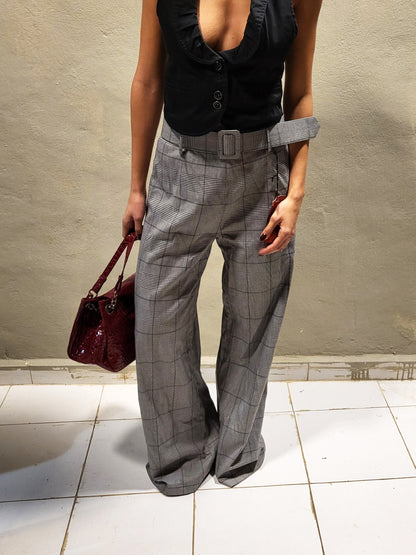 Imperial Plaid Wide Leg Trousers With Belt