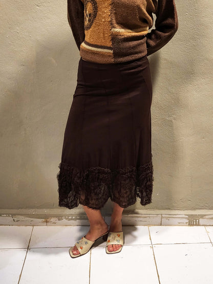 Sheer Brown Mesh Midi Skirt With Voile Hem Details