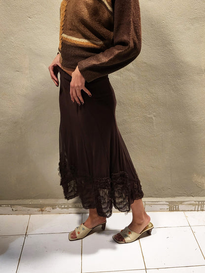 Sheer Brown Mesh Midi Skirt With Voile Hem Details