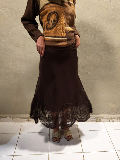 Sheer Brown Mesh Midi Skirt With Voile Hem Details