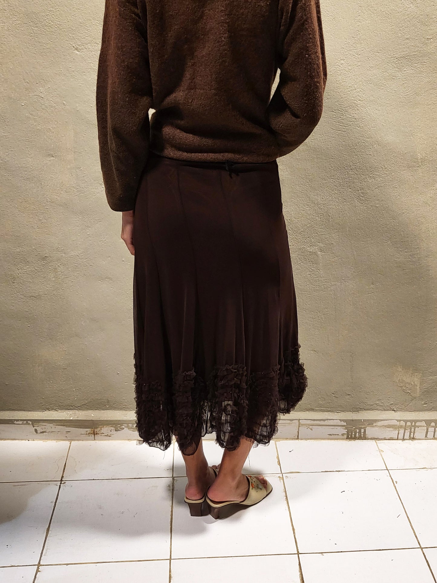 Sheer Brown Mesh Midi Skirt With Voile Hem Details