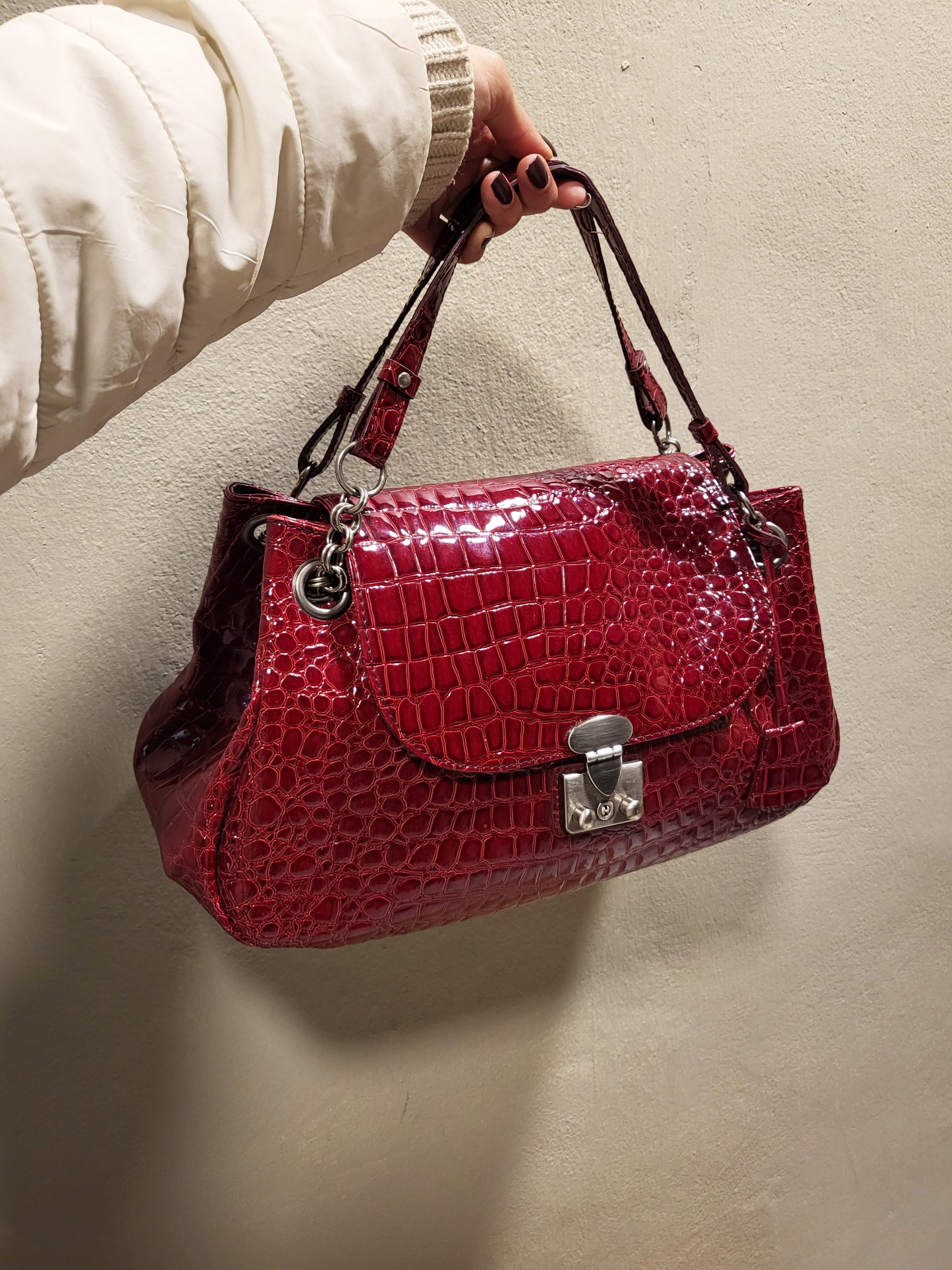 Cortefiel Croc-Embossed Patent Shoulder Bag
