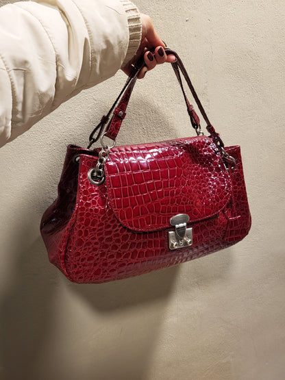Cortefiel Croc-Embossed Patent Shoulder Bag