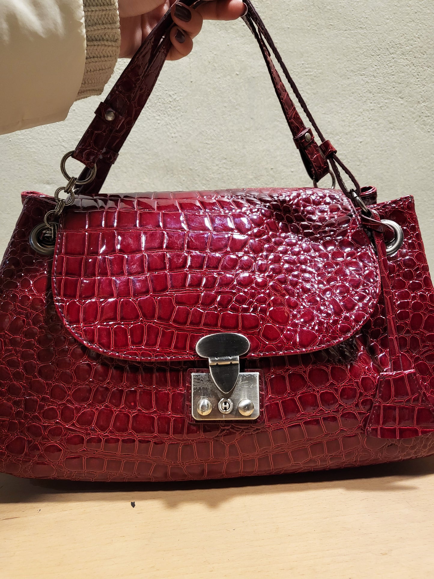 Cortefiel Croc-Embossed Patent Shoulder Bag