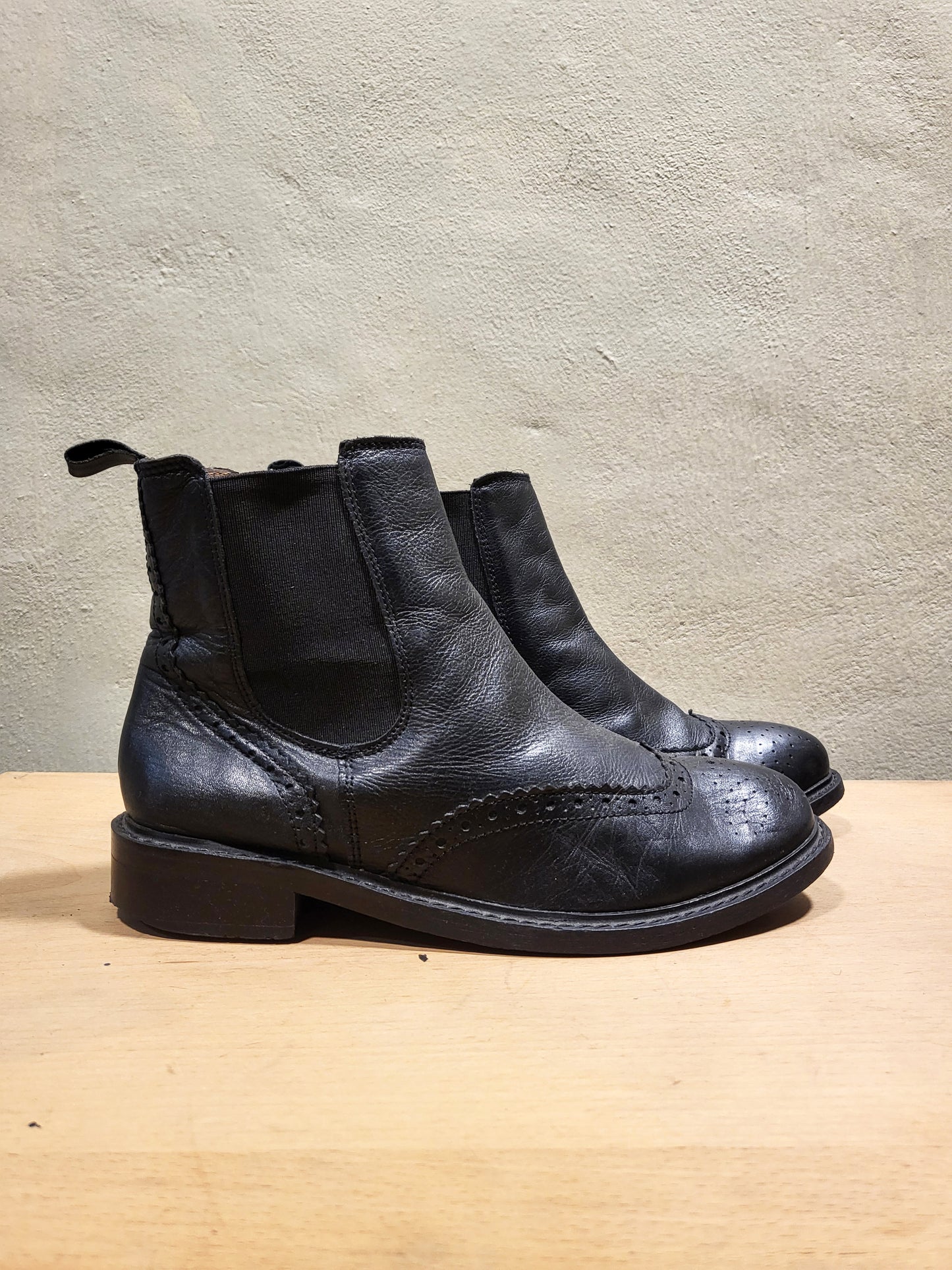 Chelsea Black Leather Brogue Boots