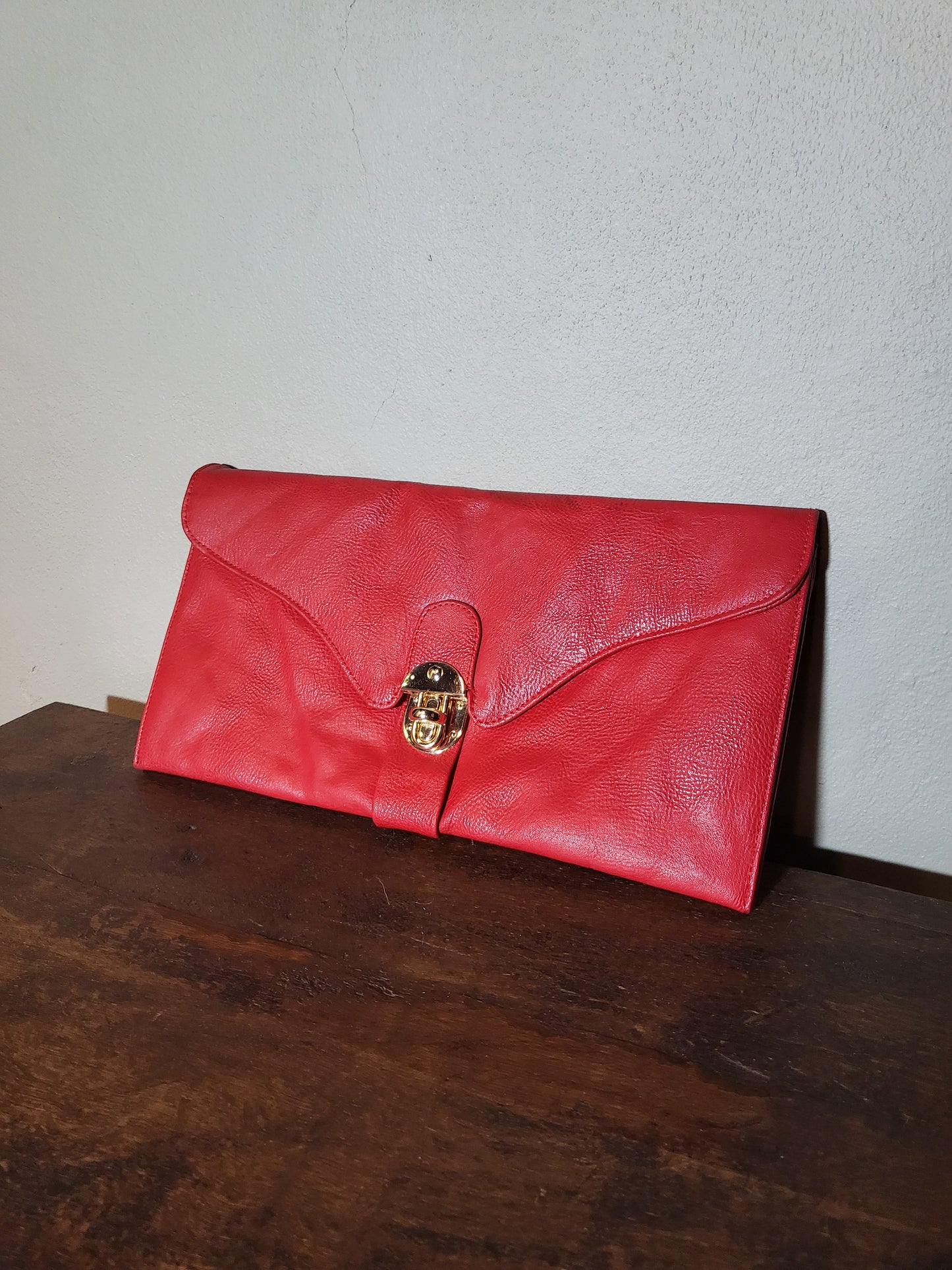 Red Faux Leather Envelope Clutch