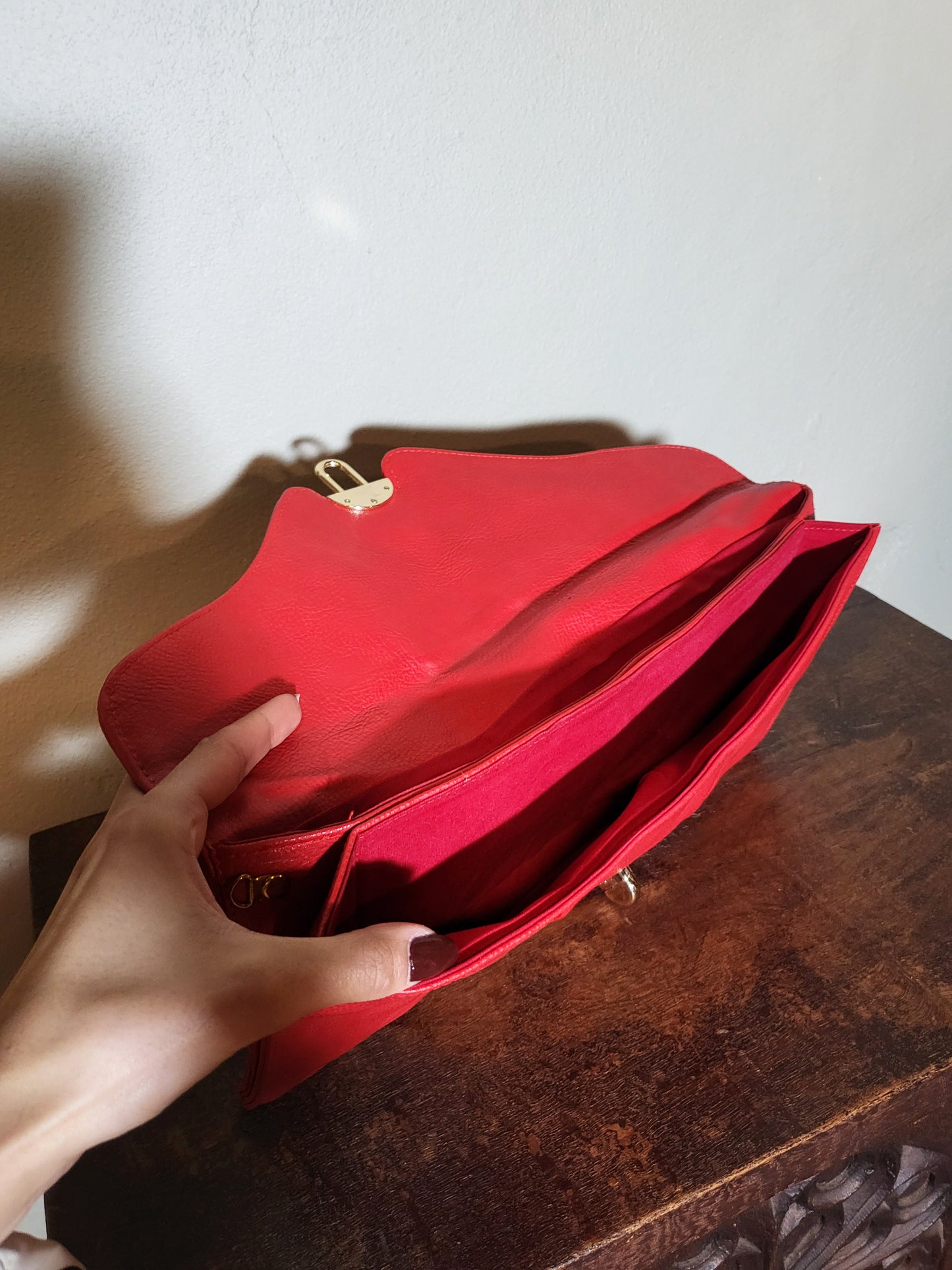 Red Faux Leather Envelope Clutch