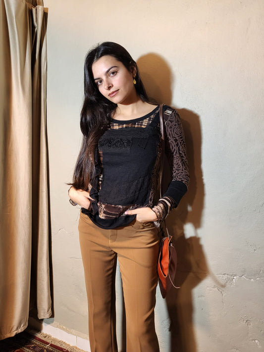 Brown Patchwork Mesh Long-Sleeve Top