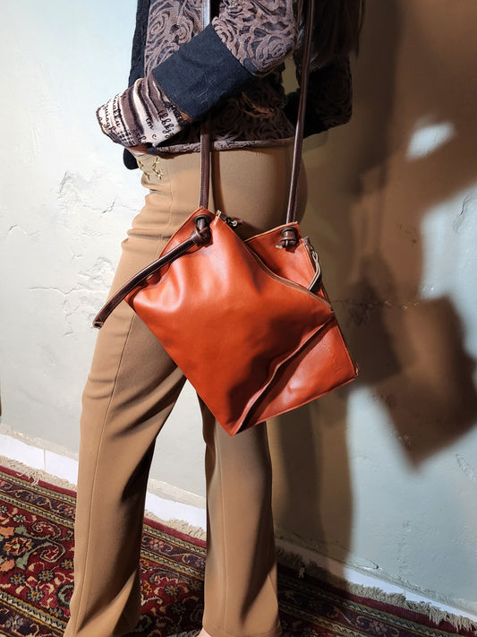 Sacoche Camel Leather Double-Pouch Shoulder Bag