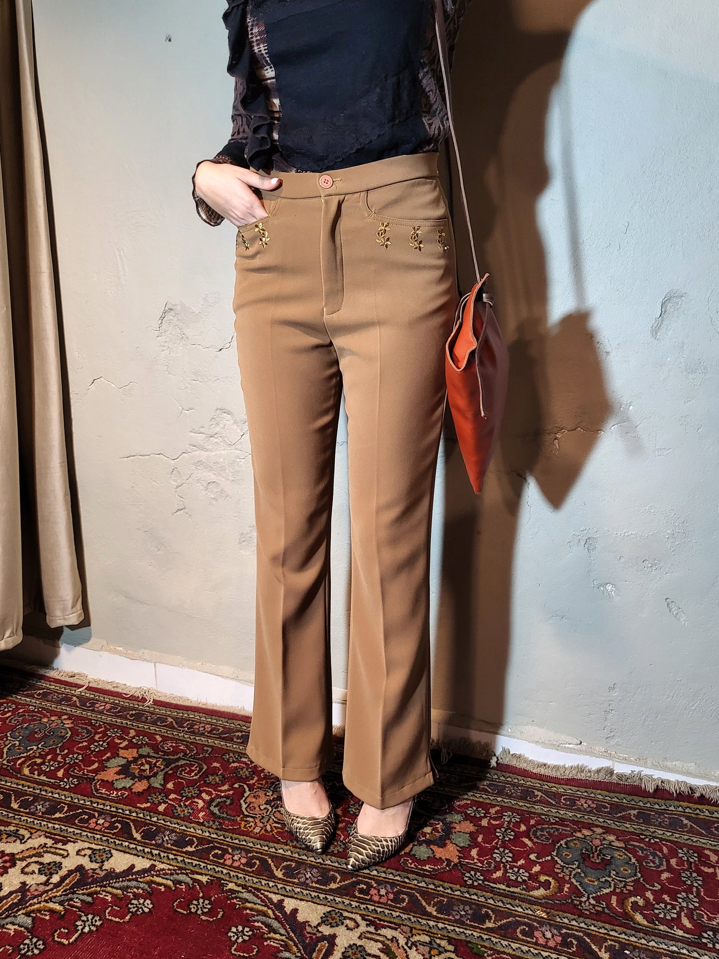 Camel Embroidered Straight-Leg Trousers