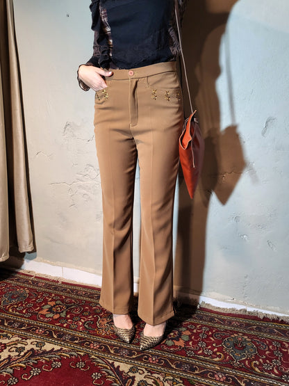 Camel Embroidered Straight-Leg Trousers
