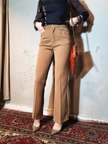 Camel Embroidered Straight-Leg Trousers