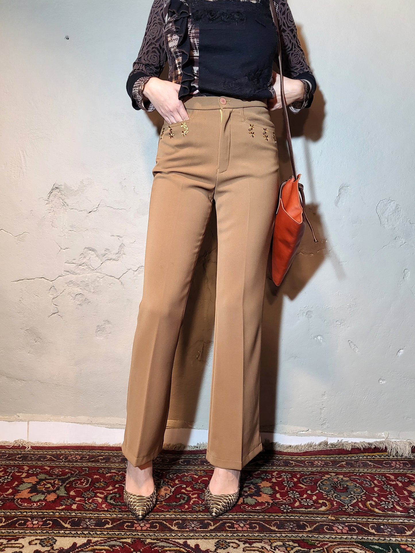 Camel Embroidered Straight-Leg Trousers
