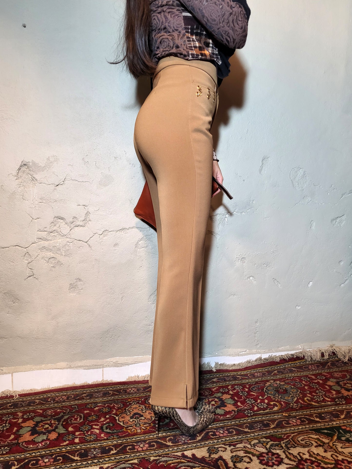 Camel Embroidered Straight-Leg Trousers