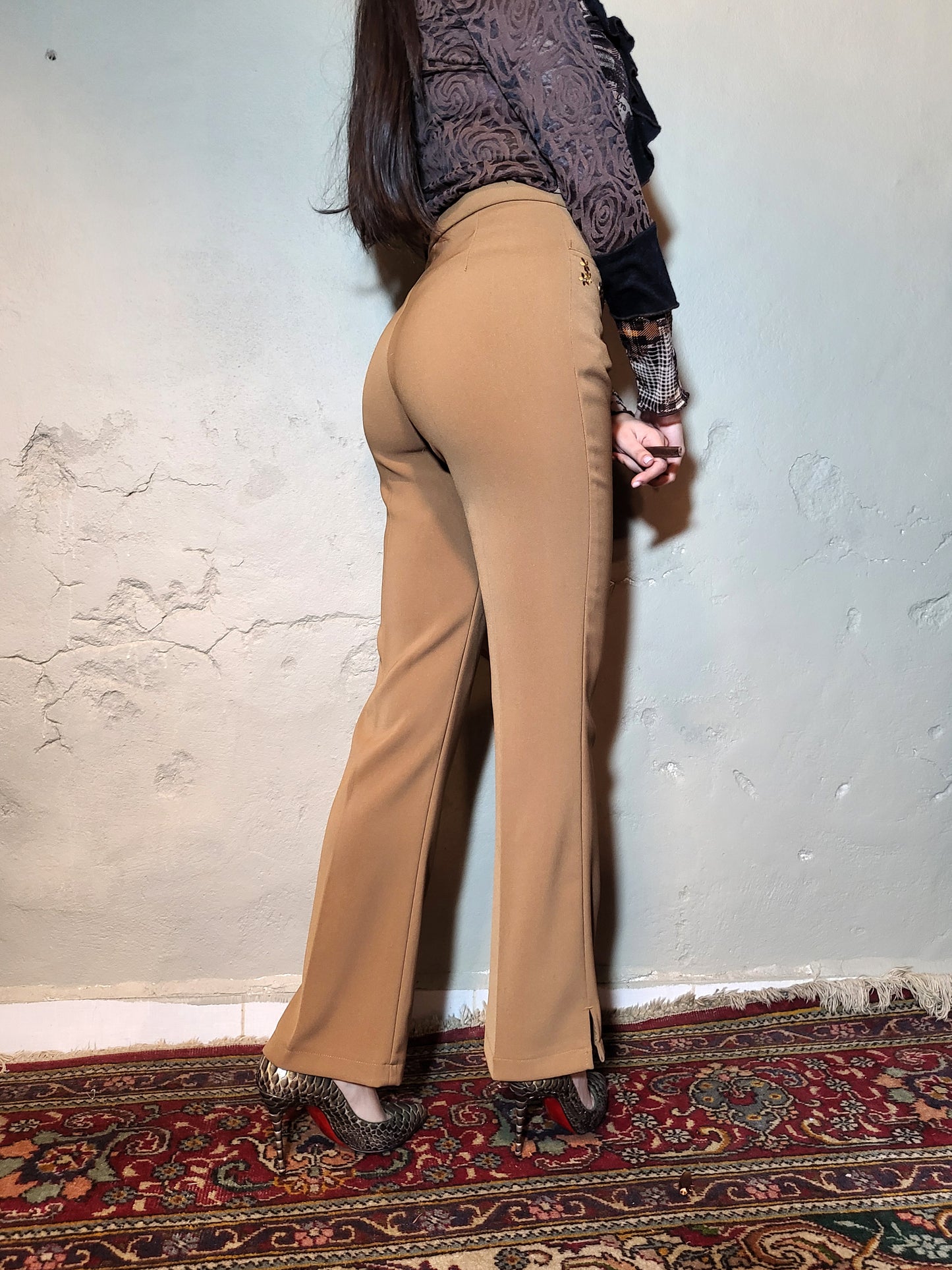 Camel Embroidered Straight-Leg Trousers