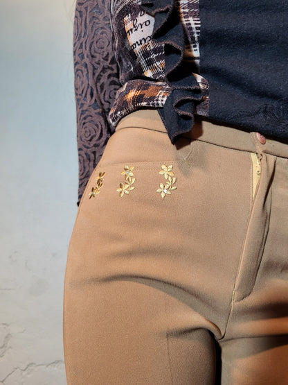 Camel Embroidered Straight-Leg Trousers