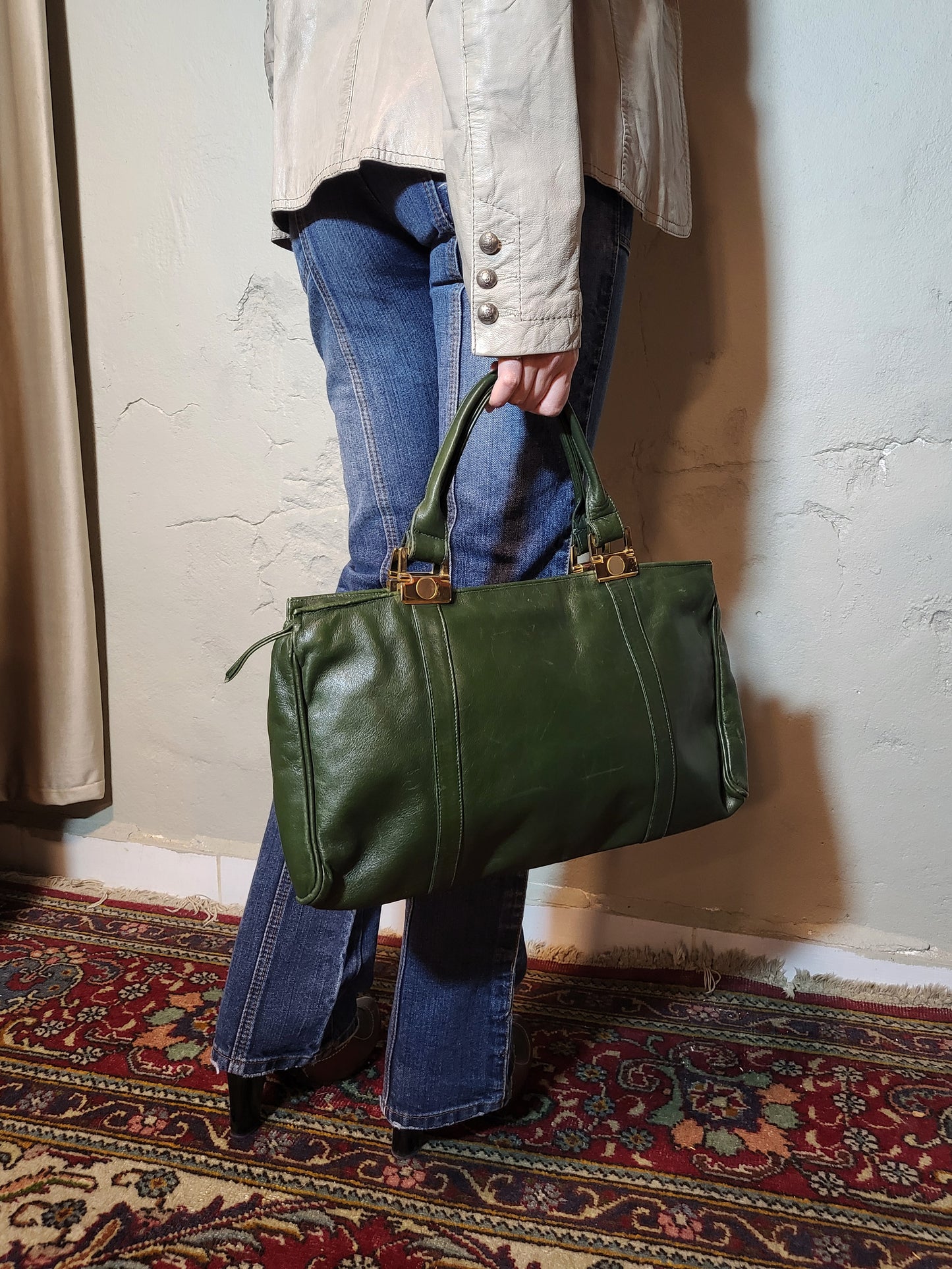 Vintage Forest Green Genuine Leather Handbag