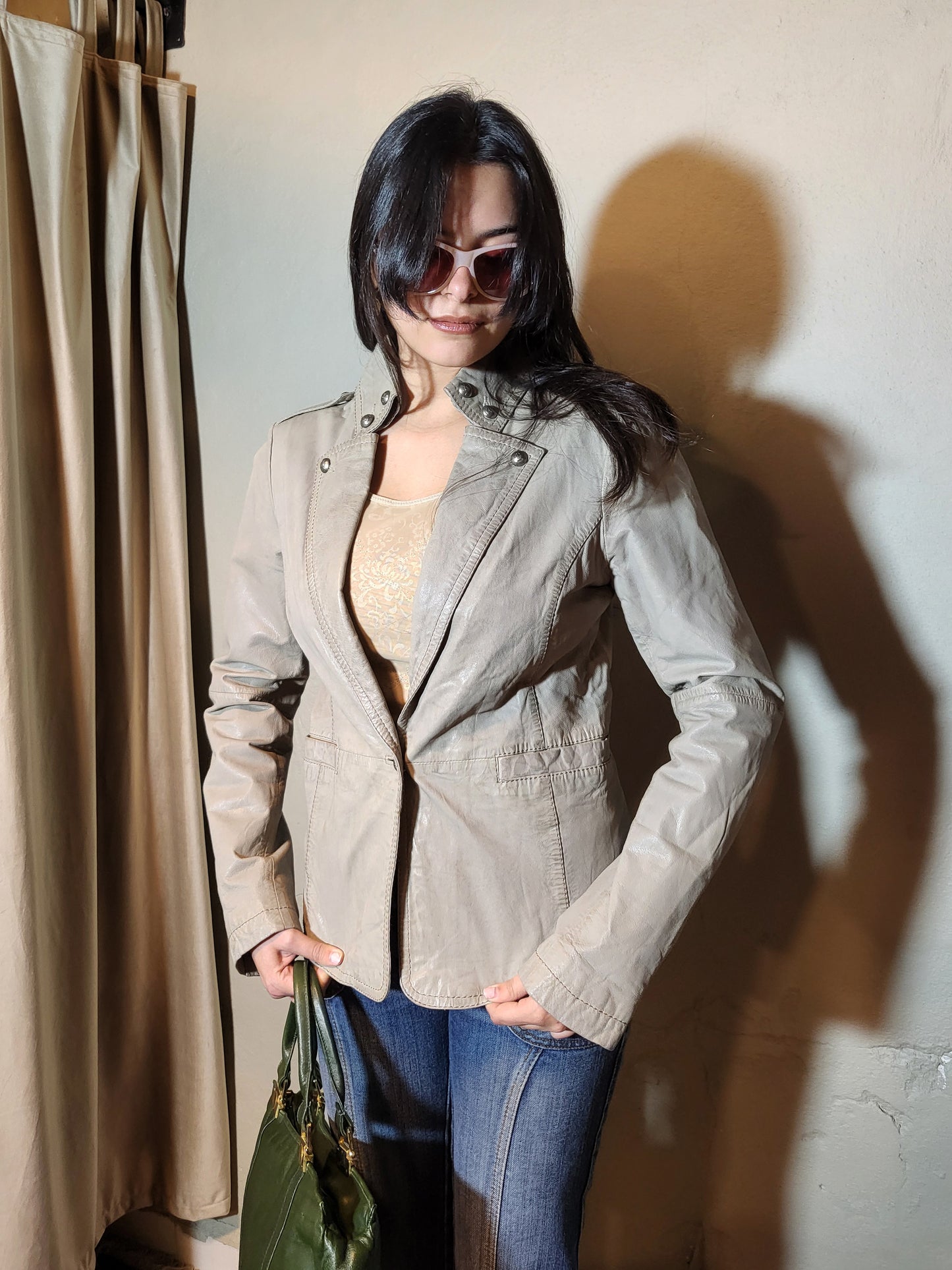 Grey Genuine Leather Tailored Jacket