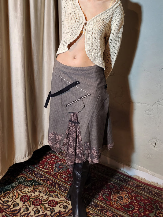 Grey Pinstripe Deconstructed Midi Skirt with Lace Insert