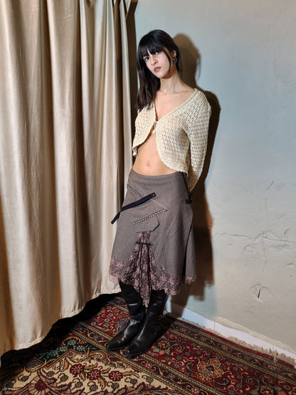 Grey Pinstripe Deconstructed Midi Skirt with Lace Insert